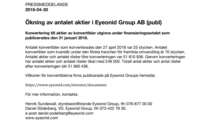 Ökning av antalet aktier i Eyeonid Group AB (publ)