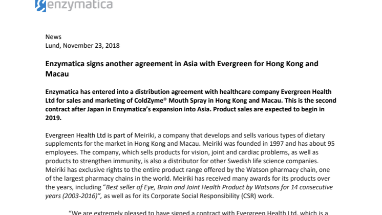 Enzymatica signs another agreement in Asia with Evergreen for Hong Kong and Macau