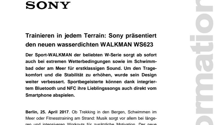 Trainieren in jedem Terrain: Sony präsentiert den neuen wasserdichten WALKMAN WS623