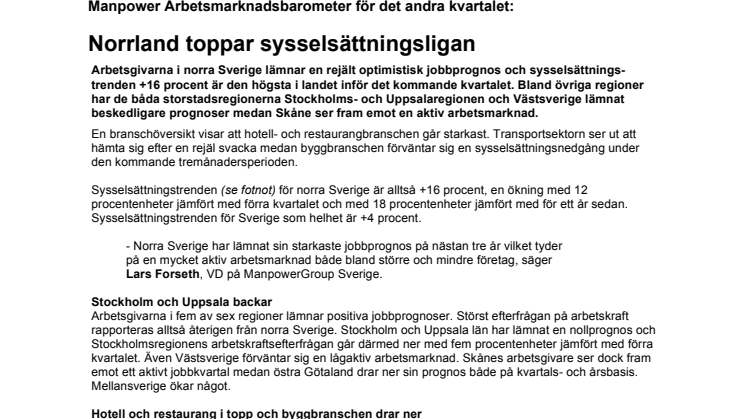 Norrland toppar sysselsättningsligan