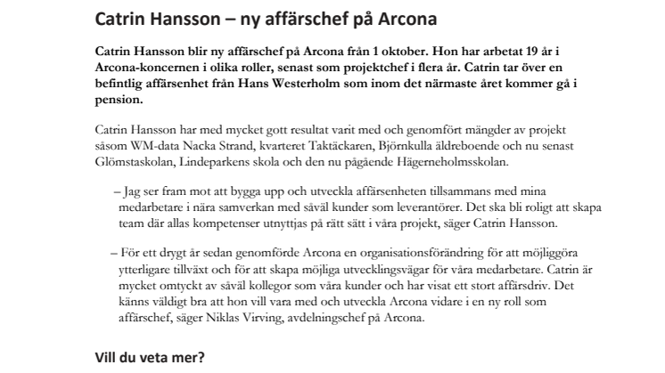 Catrin Hansson - ny affärschef på Arcona