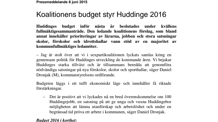 Koalitionens budget styr Huddinge 2016