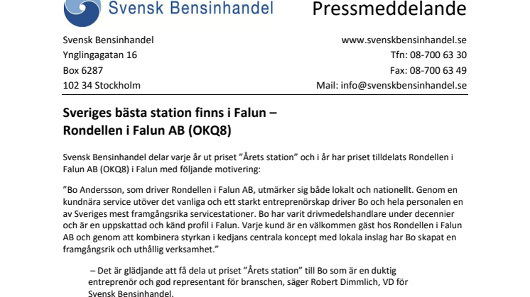 Sveriges bästa station finns i Falun –  Rondellen i Falun AB (OKQ8)