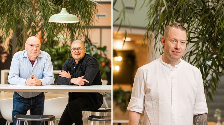 Från vänster i bild: Jan Larsson, projektledare för kyla- och värmelösningar på Wihlborgs och Hassan Mahdi, förvaltare på Wihlborgs, samt Johannes Widén, platschef på Bricks Eatery, har engagerat sig i att minska energianvändningen i Bricks.