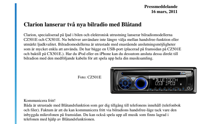 Clarion lanserar två nya bilradio med Blåtand