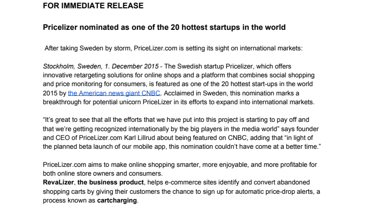 Press release: Pricelizer named one of the world's 20 hottest startups by CNBC