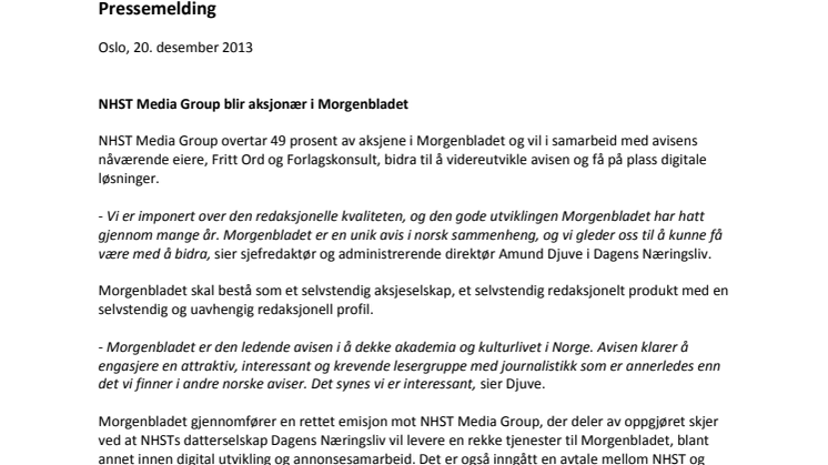 NHST Media Group blir aksjonær i Morgenbladet