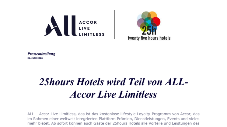 25hours Hotels wird Teil von ALL- Accor Live Limitless