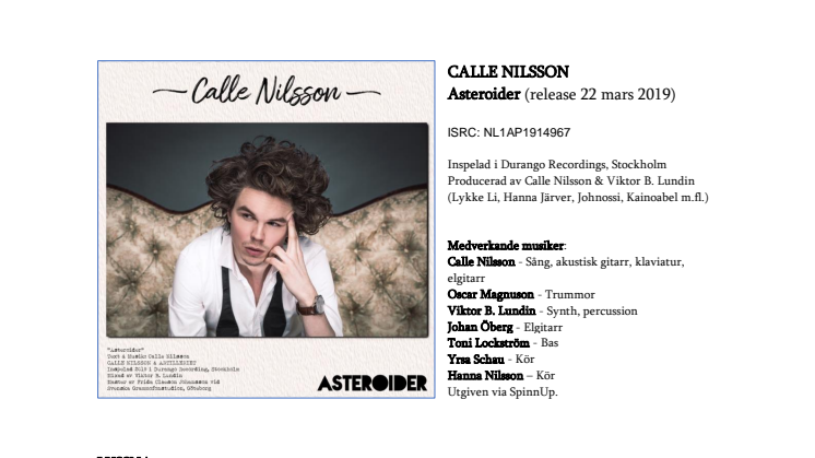 Calle Nilsson tillbaka: släpper singeln Asteroider 22 mars och debutalbumet i maj
