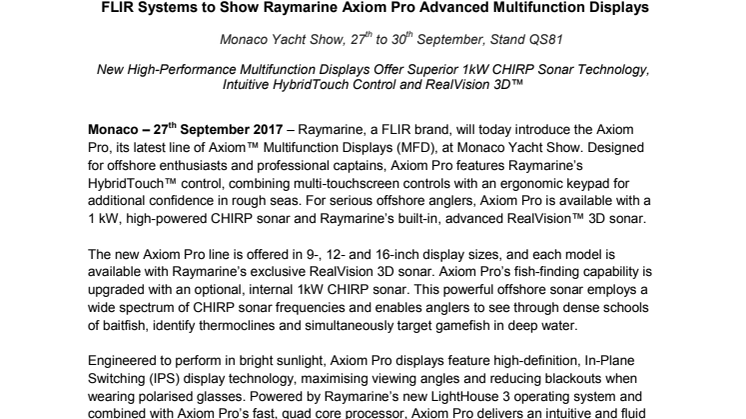 FLIR Systems to Show Raymarine Axiom Pro Advanced Multifunction Displays 