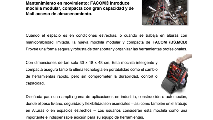 Mantenimiento en movimiento: FACOM® introduce mochila modular y compacta con gran capacidad y de fácil acceso de almacenamiento.