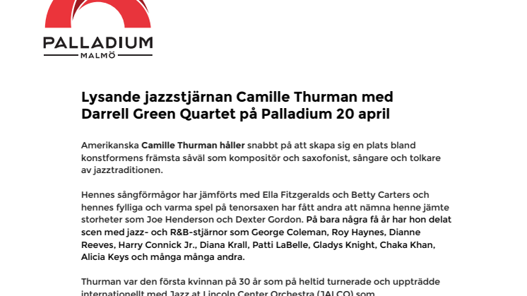 Lysande jazzstjärnan Camille Thurman med Darrell Green Quartet på Palladium 20 april