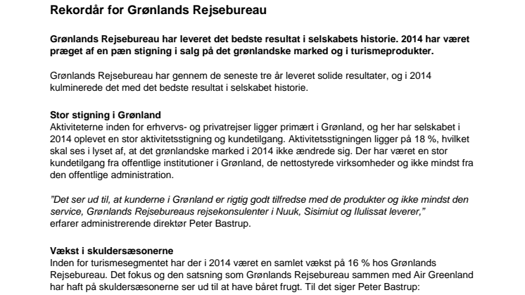 Rekordår for Grønlands Rejsebureau i 2014