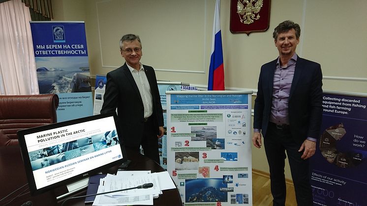 Lionel Camus and Alexei Bambulyak in front of the MALINOR poster at the Moscow event (Photo credit:  Bjørn Einar Grøsvik, IMR)