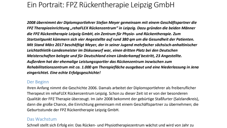 Auf Wachstumskurs - Die FPZ Rückentherapie Leipzig GmbH im Portrait