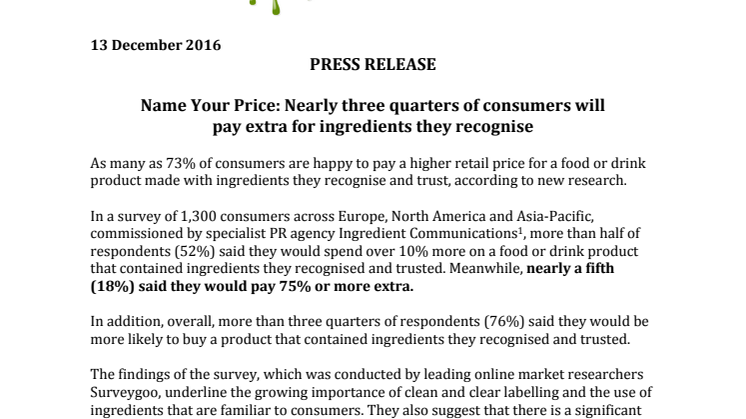 Press Release – Name Your Price: Nearly three quarters of consumers will  pay extra for ingredients they recognise