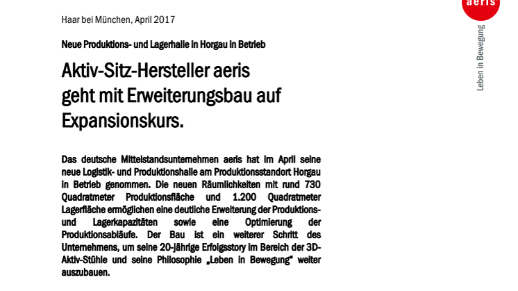 Aktiv-Sitz-Hersteller aeris  geht mit Erweiterungsbau auf Expansionskurs