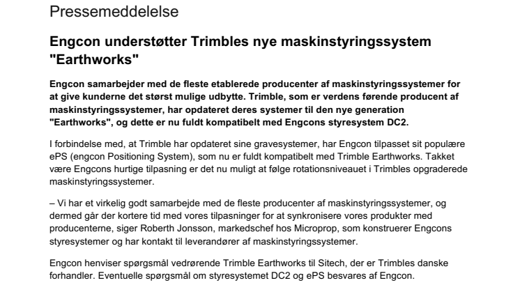 Engcon understøtter Trimbles nye maskinstyringssystem "Earthworks"