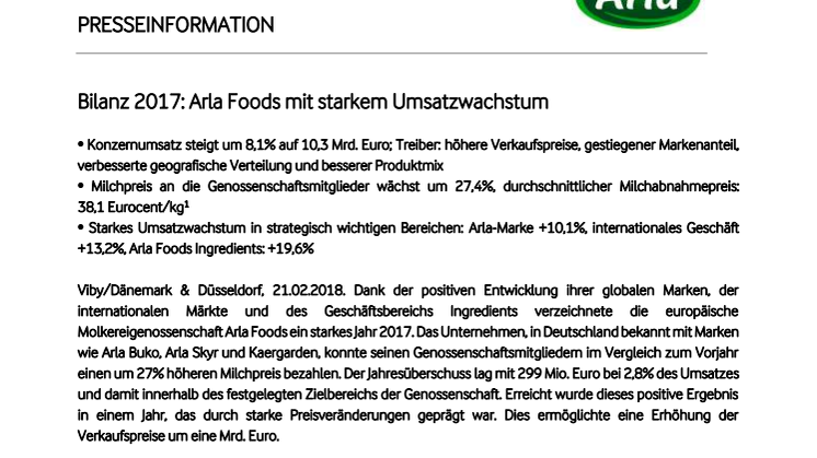 Bilanz 2017: Arla Foods mit starkem Umsatzwachstum