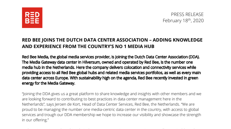 Red Bee Joins The Dutch Data Center Association - Adding Knowledge and Experience from the Country's no 1 Media Hub