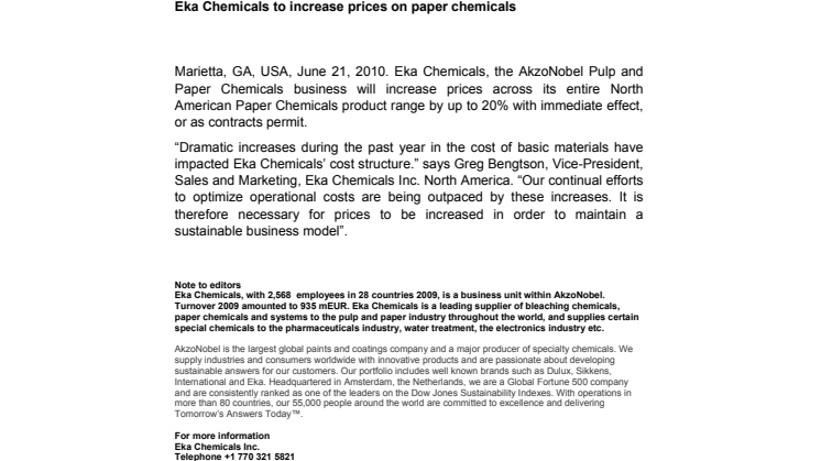 Eka Chemicals to increase prices on paper chemicals in North America 