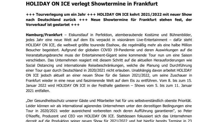 HOLIDAY ON ICE verlegt Showtermine in Frankfurt