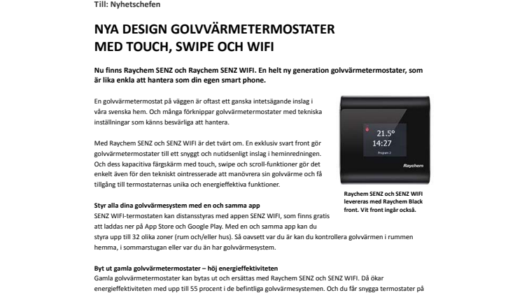 Raychem SENZ - nya design golvvärmetermostater med touch, swipe och wifi