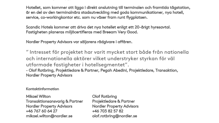 Nordier rådgivare när Swedavia avyttrar kommande hotellfastighet på Göteborg Landvetter Airport till Midstar 