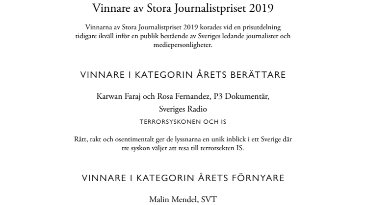 Vinnare av Stora Journalistpriset 2019
