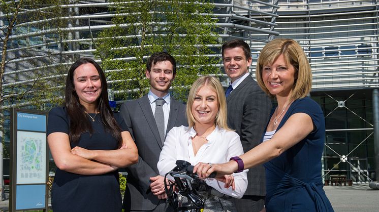 NBS Business Clinic students Aine Connolly, George Allen, Emma Stephenson and William Cooke with Jill Hopkirk from The Cycle Hub.