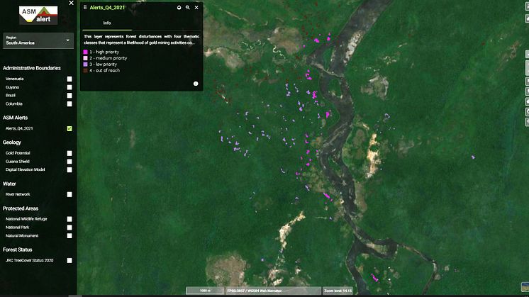 Detail example of ASM alerts for the Quarter IV in 2021 – lilac dots on the BING map background indicate new activity along river courses. The closer the dots are to the river, the higher the probability is that the forest disturbance relates to ASM.