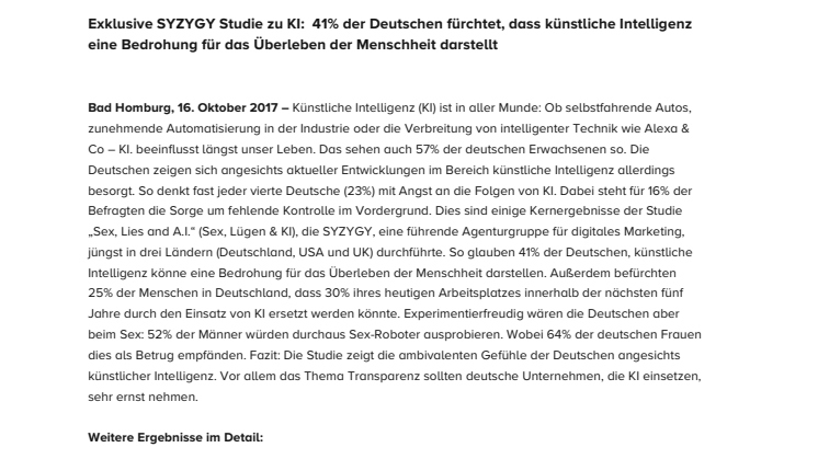 Exklusive SYZYGY Studie zu KI:  41% der Deutschen fürchtet, dass künstliche Intelligenz eine Bedrohung für das Überleben der Menschheit darstellt 