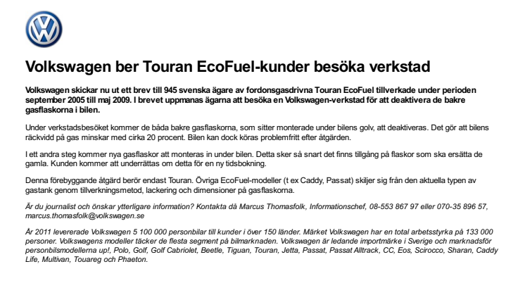 Volkswagen ber Touran EcoFuel-kunder besöka verkstad