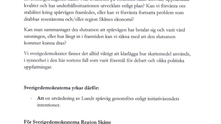 Initiativärende gällande utredning spårtrafik Lund
