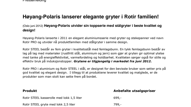 Høyang-Polaris lanserer elegante stålgryter av beste kvalitet! 