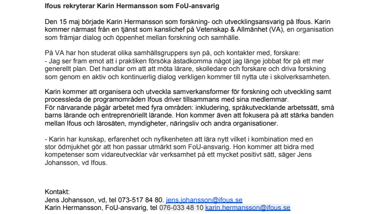 Ifous rekryterar Karin Hermansson