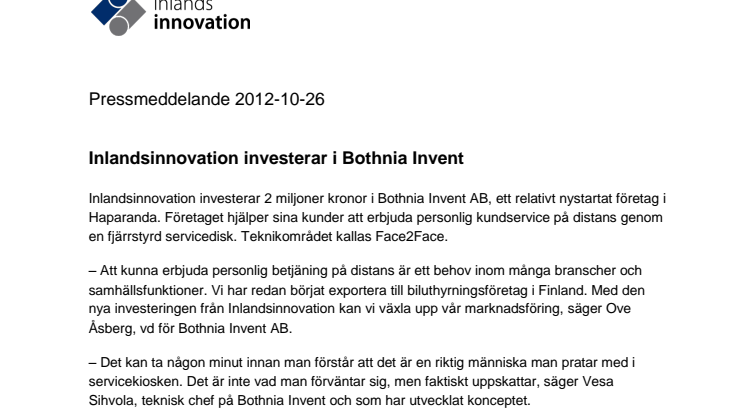 Inlandsinnovation investerar i Bothnia Invent 