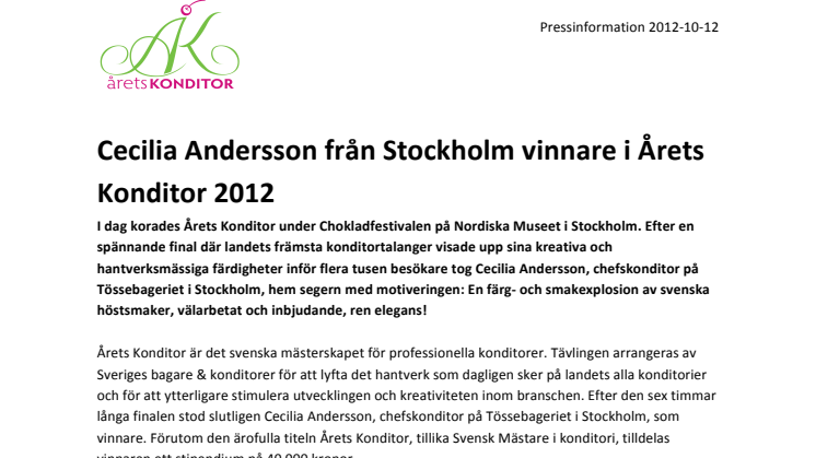 Cecilia Andersson från Stockholm vinnare i Årets Konditor 2012 