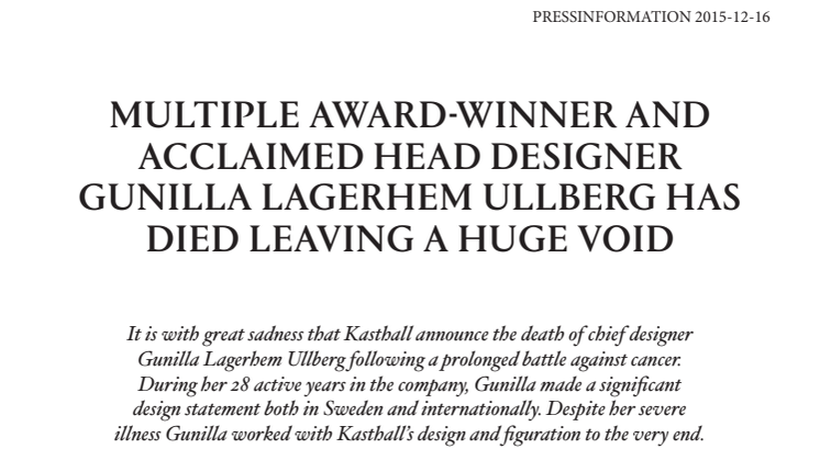 MULTIPLE AWARD-WINNER AND ACCLAIMED HEAD DESIGNER GUNILLA LAGERHEM ULLBERG HAS DIED LEAVING A HUGE VOID