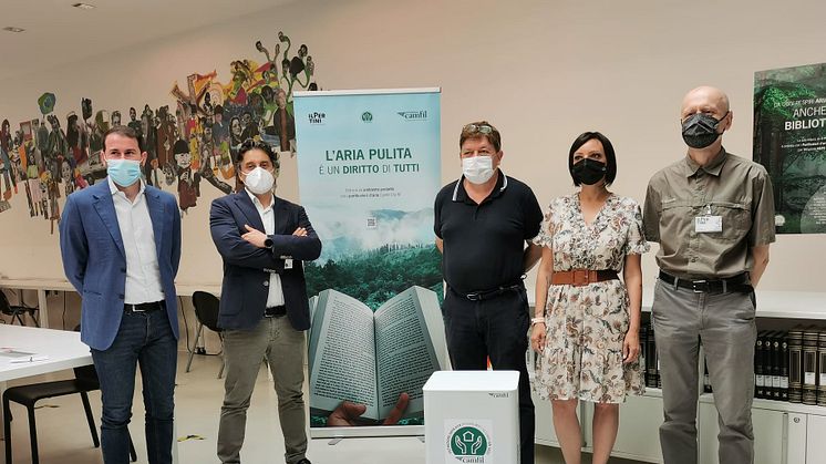 Giacomo Ghilardi (Mayor of Cinisello Balsamo), Luciano Rogato (Managing Director of Camfil Italy), Moreno Veronese (Manager of the Culture sector), Daniela Maggi (Councilor for Culture), Giulio Fortunio (Library Manager)