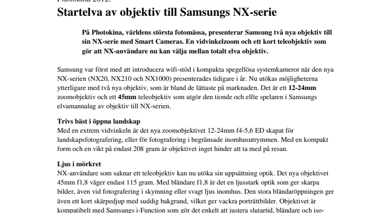 Photokina 2012: Startelva av objektiv till Samsungs NX-serie