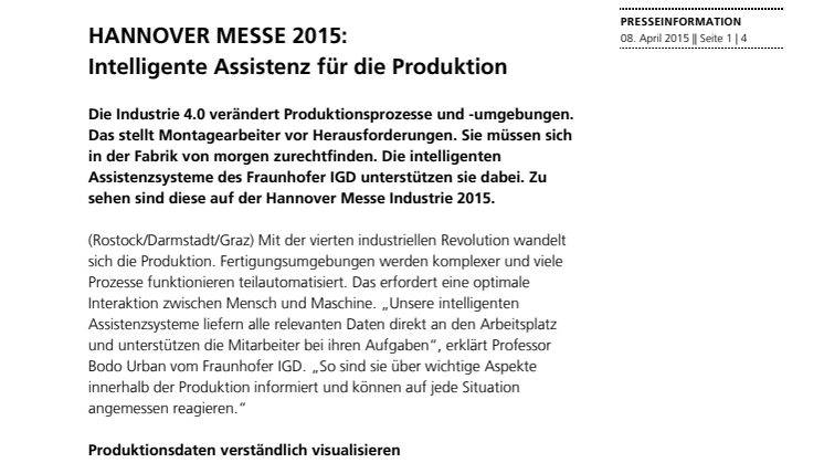 HANNOVER MESSE 2015: Intelligente Assistenz für die Produktion
