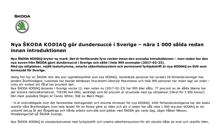 Nya ŠKODA KODIAQ gör dundersuccé i Sverige – nära 1 000 sålda redan innan introduktionen