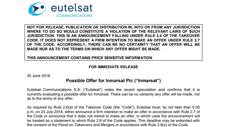Possible Offer for Inmarsat Plc (“Inmarsat”)
