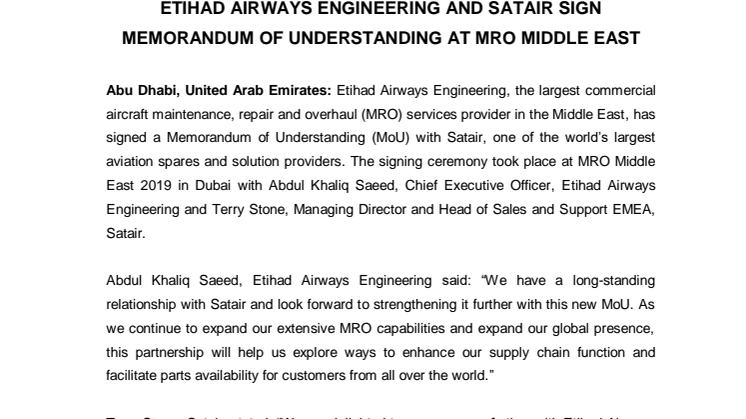 ETIHAD AIRWAYS ENGINEERING AND SATAIR SIGN MEMORANDUM OF UNDERSTANDING AT MRO MIDDLE EAST