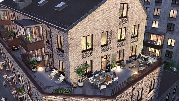 Några lägenheter i HSB brf Guldläge får egna generösa terrasser.
