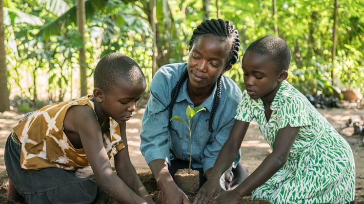 Fotograf: Elin Larsson. Lilian Oschieng planterar träd med barnen Eliezel och Frida. De har fått bättre skördar och ökat skydd mot klimatförändringar. Tack vare träden behöver de inte längre oroa sig för att ha mat på bordet och kan försörja familjen