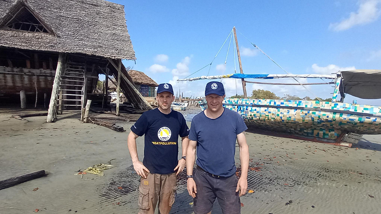 l-r Northumbria technician Johnny Hayes with senior lecturer Simon Scott-Harden with the Flipflopi boat