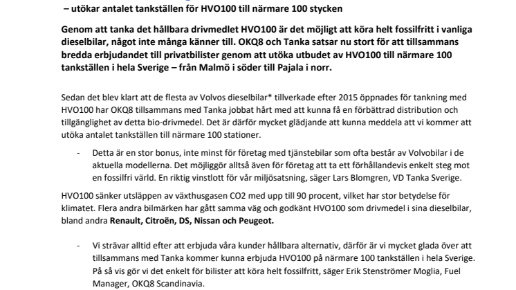 OKQ8 och Tanka gör det enkelt för bilister att bli fossilfria – utökar antalet tankställen för HVO100 till närmare 100 stycken