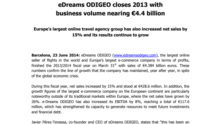 eDreams ODIGEO closes 2013 with business volume nearing €4.4 billion